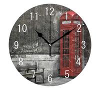 Use7 Home Decor Vintage Cityscape Britannique Cabine Téléphone Londres en Rond Acrylique Horloge Murale Non tic-tac Horloge silencieuse Art pour Le Salon Cuisine Chambre à Coucher