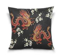 Use7 Housse de coussin décorative carrée Motif fleur de dragon chinois japonais noir, Tissu, multicolore, 40 x 40cm/16 x 16 Inches