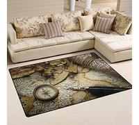 Use7 Tapis de sol antidérapant avec boussole vintage et carte du monde - Pour salon, chambre à coucher - 100 x 150 cm