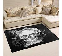 Use7 Tapis pour salon ou chambre à coucher, motif tête de mort avec roses, noir et blanc, 50 x 80 cm