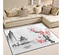 Use7 Tapis traditionnel japonais pour salon, chambre à coucher, peinture à l'huile de montagne, fleurs de cerisier, 160 cm x 122 cm