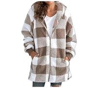 uSecee Veste chemise pour femme - Chemise à carreaux longue boutonnée - Veste d'hiver décontractée en polaire à capuche - Cardigan ample à fermeture éclair - Grande taille - Manteau chaud, kaki, 5XL