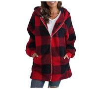 uSecee Veste chemise pour femme - Chemise à carreaux longue boutonnée - Veste d'hiver décontractée en polaire à capuche - Cardigan ample à fermeture éclair - Grande taille - Manteau chaud, Rouge, 5XL