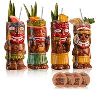 USEEKRIL Lot de 4 gobelets Tiki exotiques - 4 dessous de verre et 4 pailles - Verres à cocktail hawaïens pour fêtes et bars tropicaux