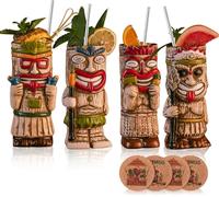 USEEKRIL Lot de 4 tasses à cocktail Tiki - Gobelets exotiques givrés avec 4 pailles et dessous de verre - Verres à cocktail en céramique pour fêtes de style hawaïen