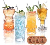 USEEKRIL Lot de 4 verres Tiki transparents - Verres à cocktail tropicaux exotiques avec pailles et dessous de verre - Gobelets Tiki de style hawaïen pour cocktails, mai tai, zombie et pia colada