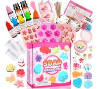 USHOP Savon à faire soi-même pour enfants, 500 g avec moules, pigments, sac cadeau et outils de bricolage, kit de fabrication de savon pour adultes, cadeau d'anniversaire d'enfant