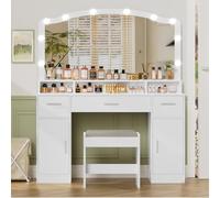 USIKEY Grande coiffeuse moderne avec grand miroir éclairé, 3 tiroirs, 2 armoires de rangement et 10 ampoules LED, coiffeuse avec tabouret rembourré pour femme, chambre à coucher, blanc