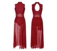 USOHJZ Robe de Patinage Artistique for Femme avec Strass, Justaucorps Ballet sans Manches en Maille Transparente, Costumes Danse lyrique(Wine Red A,L)