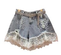 USOHJZ Short en Jean Taille Haute for Femme, avec Perles et Trous, Coutures Dentelle, Printemps été(S)