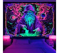 Uspring Tapisserie murale à la lumière noire - Magicien Trippy Wizard - Yeux magiques - Réactif aux UV - Néon et étoiles - Pour chambre à coucher, maison et dortoir (180,1 x 230 cm)