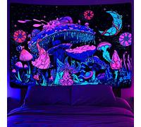 Uspring Tapisserie murale esthétique à suspendre à la lumière noire avec champignon, lune et étoiles phosphorescentes pour chambre (70,9 à 235 cm)