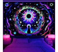 Uspring Tapisserie murale motif chat à la lumière noire réactive aux UV, lune, étoile, éclipse solaire psychédélique néon, pour chambre à coucher, salon (130 x 150 cm)