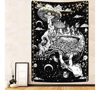 Uspring Tapisserie murale motif tête de mort, champignon, lune et étoiles - Tapisserie squelette montagne noire et blanche - Tapisserie murale pour chambre (51,2 x 150,1 cm)