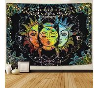 Uspring Tapisserie soleil et lune - Soleil brûlant - Tenture murale colorée noire avec étoiles et mandala psychédélique pour chambre (59,1 à 210,1 cm)