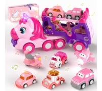 usrela 7 en 1 Camion pour 1 2 3 Ans Filles, Camion Jouet avec Musique et Lumières, Transporteur Voiture de Jouet Cadeau Anniversaire pour 2 3 4 Ans Filles Garcon Enfants