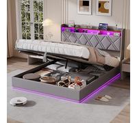 USROCAS Lit Coffre 160×200 cm avec Éclairage LED et Ports USB, Lit Rembourré avec Rangement Hydraulique, Lit Adulte Multifonction avec Tête de Lit et Sommier à Lattes, Lin Gris