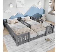 USROCAS Lit de sol, 180 x 200 cm, lit d'enfant, avec protection anti-chute, lit double bas, pour garçons et filles, en pin massif, gris, sans sommier à lattes