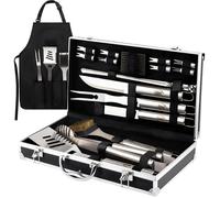 Ustensile à barbecue 21pcs Mallette de Transport en Aluminium Tablier avec 4 Poches Facile à Nettoyer Acier Inoxydable Premium