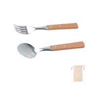 Ustensiles de camping portables avec poignée en bois - Couverts d'extérieur en acier inoxydable - Cuillère fourchette avec sac de rangement pour la maison et le dîner avec sac de rangement