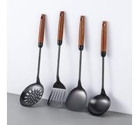 Ustensiles de Cuisine 4 Pièces, Ustensiles de Cuisine en Acier inoxydable, Cooking Utensils avec Louche, Écumoire, Spatule, retourneur à fentes, Pmanche en bois, asse au Lave-vaisselle (Noir)