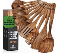 Ustensiles de cuisine bois - Ensemble premium en teck de 10 pièces avec cuillère en bois et spatule cuisine - facile à nettoyer - Léger, résistant à la chaleur, durable et anti-rayures