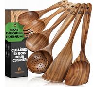 Ustensiles de Cuisine Bois - Ensemble Premium en Teck de 6 pièces avec Cuillère en Bois et Spatule Cuisine - Facile à nettoyer - Léger, Résistant à la Chaleur, Durable et Anti-Rayures