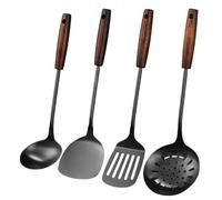 Ustensiles de Cuisine de 4 pièces, Spatule et louche wok, cuillère écumoire, ensemble de spatules retourneuses à fentes, acier inoxydable 304 avec manche en bois massif (Noir)