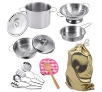 Ustensiles de cuisine en acier inoxydable, mini accessoires de cuisine, casseroles et poêles, jouets emballés dans un sac en tissu doré pour enfants et tout-petits
