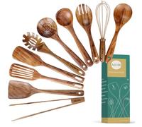 Ustensiles de Cuisine en Bois Antiadhésif - Set de 10 Pièces en Teck Naturel Avec Spatule et Louche