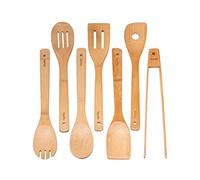 Ustensiles de Cuisine en Bois de Bambou - Set de 7 Accessoires Anti-Rayures (Cuillères, Spatules, Pinces) - Ensemble Ustensiles de Cuisine en Bambou 100% Écologiques et Naturels - BlauKe®