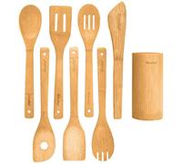 Ustensiles De Cuisine En Bois De Bambou - Set de 8 Accessoires de Cuisine (Raclette, Palettes, Cuillère, Spatule en Bois, Pince, Porte) - Ensemble de Spatules De Cuisine En Bambou Écologiques Naturels