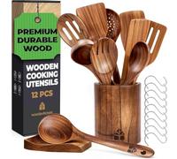 Ustensiles de Cuisine en Bois - Ensemble Premium en Teck de 12 Pièces avec Cuillère en Bois et Spatule, avec crochet, pot à couverts, repose-cuillère - Résistants à la chaleur et anti-rayures