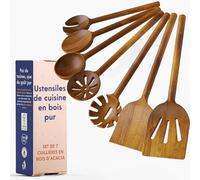 Ustensiles de Cuisine en Bois Non Toxiques - Lot de 7 Cuillères et Spatules en Acacia, Sans Colle, Une Seule Pièce, Finition Végétale, Sans Produits Chimiques Éternels - Ziruma