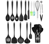 Ustensiles de Cuisine en Silicone,15 PCS Set Noir d'accessoires de Cuisine,Sans BPA, Antiadhésive Anti Rayures Cuisine Accessoires,Set de Cuisson Avec Pot de Rangement