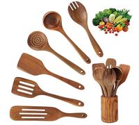 Ustensiles de Cuisine bois de,7 pièces Ustensiles de Cuisine en teck,comprenant un Ensemble de Cuillère en bois Cuisine,une Spatule en Bois,une louche et une Passoire,adapté aux Poêles antiadhési