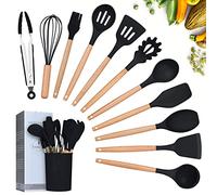 Ustensiles de Cuisine,Lychee 12PCS Kit d'Ustensiles de Cuisine en Silicone et Bois, Ustensiles Cuisine Antiadhésive Set avec Pot de Rangement,Silicone de qualité Alimentaire (Noir)