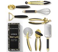 Ustensiles de cuisine noirs et dorés - Ensemble de 8 ustensiles de cuisine dorés de luxe avec ouvre-boîte, roulette à pizza, éplucheur, mini fouet et pince - Accessoires élégants pour la cuisine