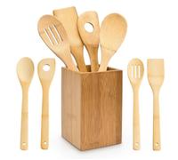 Relaxdays Set de 4 ustensiles de cuisine en bambou avec support carré, nature, marron