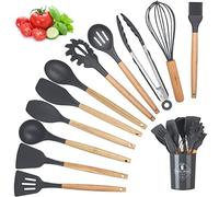 Ustensiles de Cuisine Silicone Bois Set, 12 PCS Accessoire Cuisine Set sans BPA, Antiadhésive Anti-Rayures et Résistante à Chaleur, Outil de Cuisine Antiadhésif pour Louche/Spatule/Cuillère à Pâtes