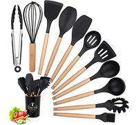 Ustensiles de Cuisine Silicone Bois Set, 12 PCS Accessoire Cuisine Set sans BPA, Antiadhésive e Anti-Rayures et Résistante à Chaleur, Outil de Cuisine Antiadhésif pour Louche/Spatule/Cuillère à Pâtes