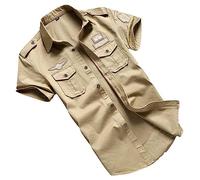 USTZFTBCL Chemise militaire décontractée pour homme, coton, manches courtes, rétro vintage, broderie noire, Kaki Military Shir, XL