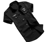 USTZFTBCL Chemise militaire décontractée pour homme, coton, manches courtes, rétro vintage, broderie noire, Black Military Shir, XL