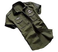 USTZFTBCL Chemise militaire décontractée pour homme, coton, manches courtes, rétro vintage, broderie noire, En8 T-shirt militaire, S