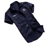 USTZFTB hemise militaire décontractée pour homme, coton, manches courtes, rétro vintage, broderie noire, Blue Military Shirt, L
