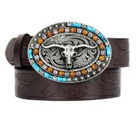 Utaly Ceintures en cuir Western Cowboy Cowgirl - Femmes Hommes Turquoise Embossé Ceinture avec boucles LongHorn Bull Fit 63,5-99,1 cm, café, Suit for 31-35" waist