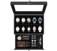 Uten Boîte à Montres 10 Compartiments, 2 Niveaux Coffret à Montres en Bois, Couvercle en Verre, Coffret de Rangement pour Montres, Coussinets Coton de Soie, Doublure Noire, Idée Cadeau