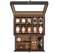 Uten Boîte à Montres 10 Compartiments, 2 Niveaux Coffret à Montres en Bois, Couvercle en Verre, Coffret de Rangement pour Montres, Coussinets Coton de Soie, Doublure Marron, Idée Cadeau