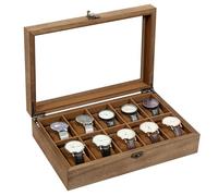 Uten Boîte à Montres 10 Compartiments, Coffret à montres en Bois, Couvercle en Verre, Coffret de Rangement pour Montres pour Hommes et Femmes, Coussinets Coton de Soie, Doublure Marron, Idée Cadeau