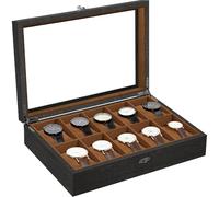 Uten Boîte à Montres 10 Compartiments, Coffret à montres en Bois, Couvercle en Verre, Coffret de Rangement pour Montres pour Hommes et Femmes, Coussinets Coton de Soie, Doublure Marron, Idée Cadeau